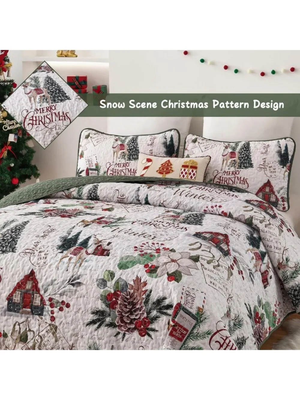 Cozy Christmas Quilt Set Queen - Festive Xmas Tree & Reindeer Bedding Decor
